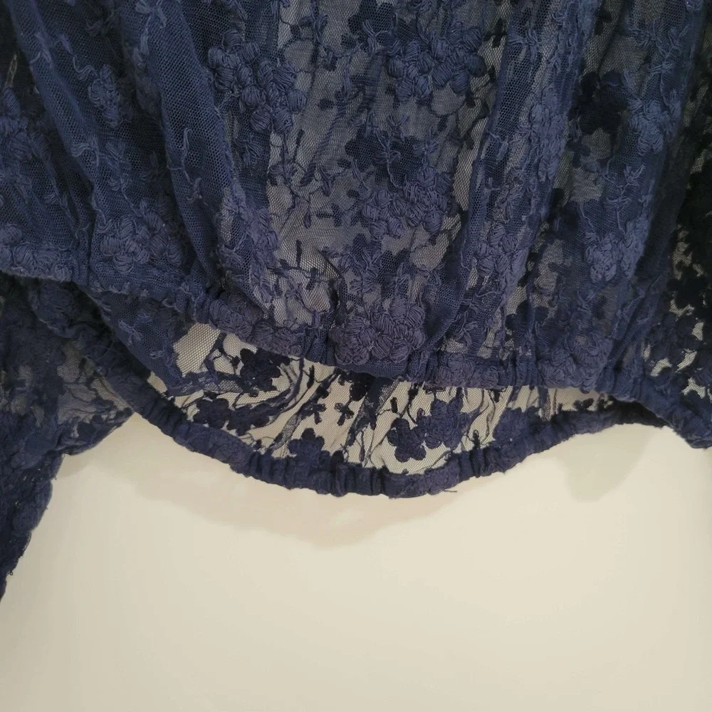 Free People navy blue lace floral embroidered long sleeve see thru dolman blouse